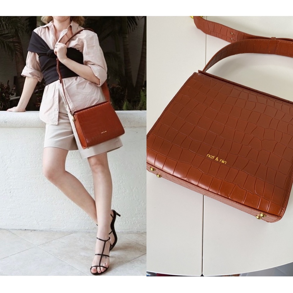 Nat & Nin Croco Sholder Leather Bag, Cognac Color